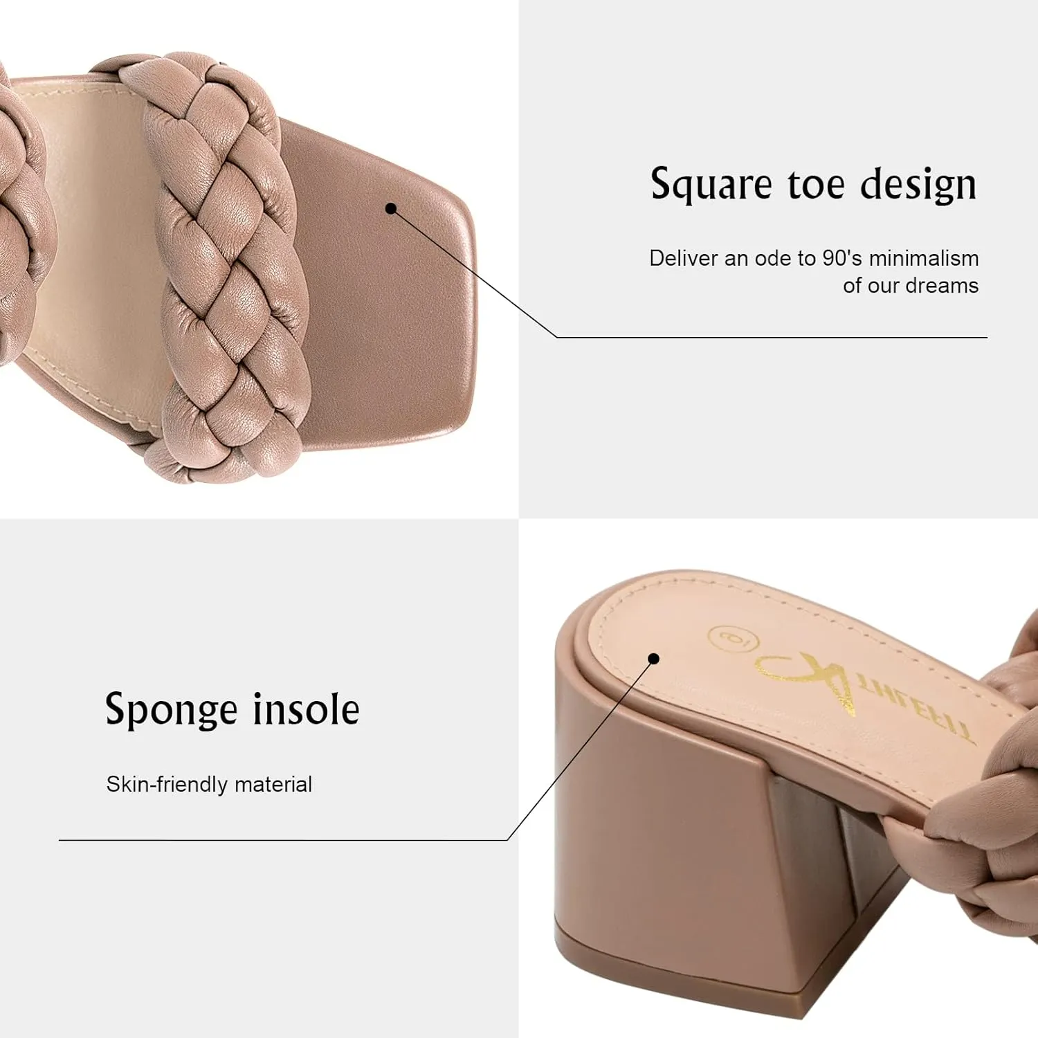 Athlefit Women's Braided Heeled Sandals Strappy Square Open Toe Heels Backless Mules Slip On Block Heels
