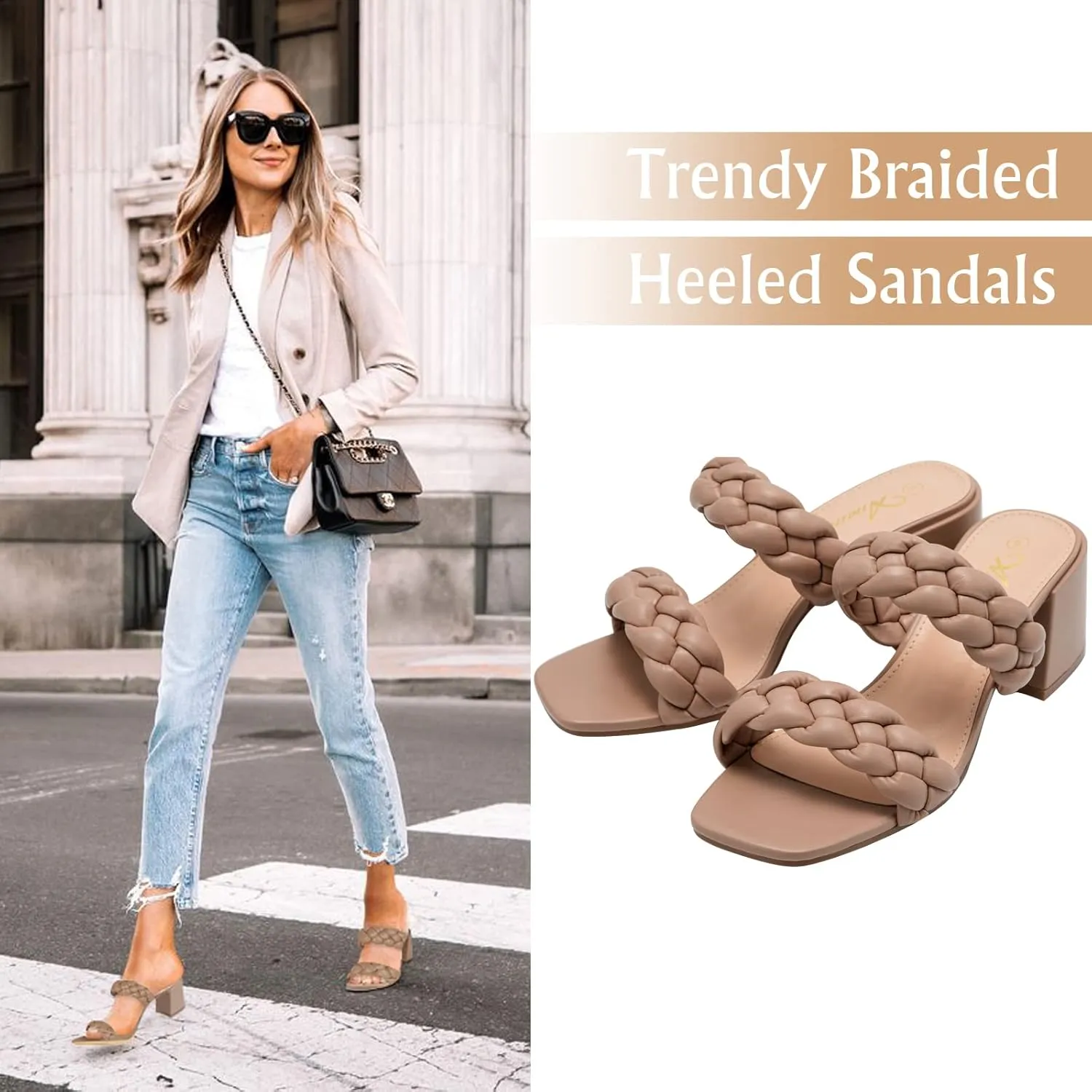 Athlefit Women's Braided Heeled Sandals Strappy Square Open Toe Heels Backless Mules Slip On Block Heels