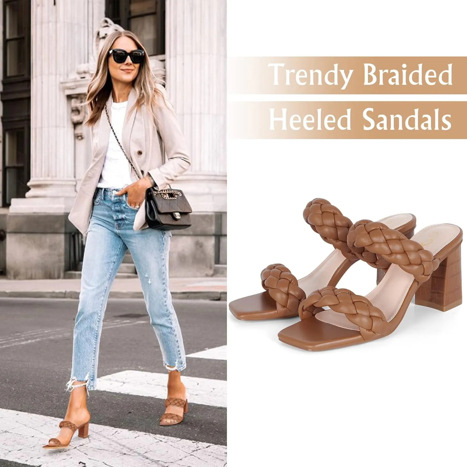 Athlefit Women's Braided Heeled Sandals Strappy Square Open Toe Heels Backless Mules Slip On Block Heels