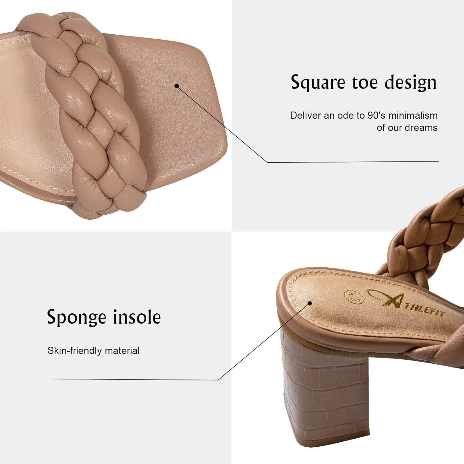Athlefit Women's Braided Heeled Sandals Strappy Square Open Toe Heels Backless Mules Slip On Block Heels