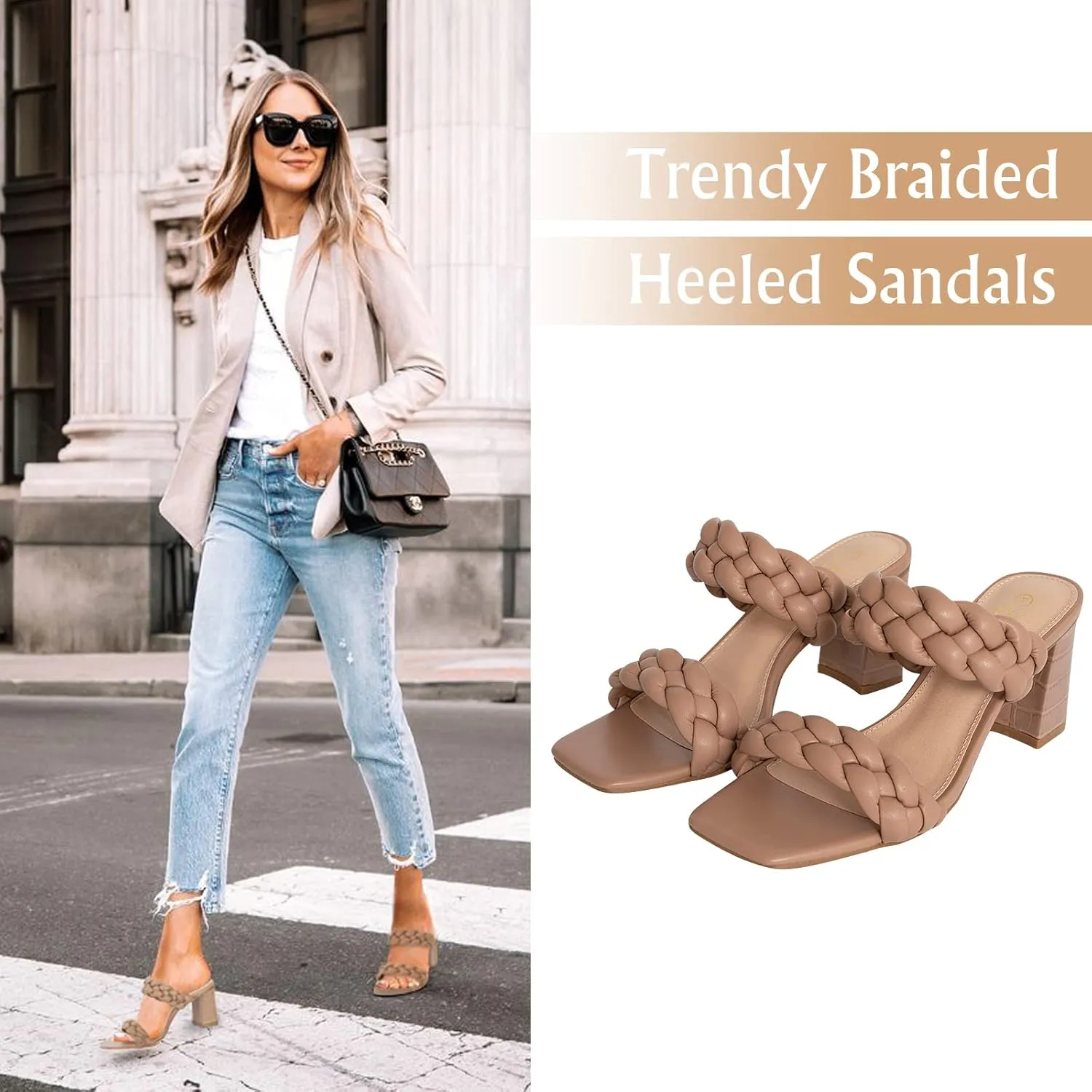 Athlefit Women's Braided Heeled Sandals Strappy Square Open Toe Heels Backless Mules Slip On Block Heels