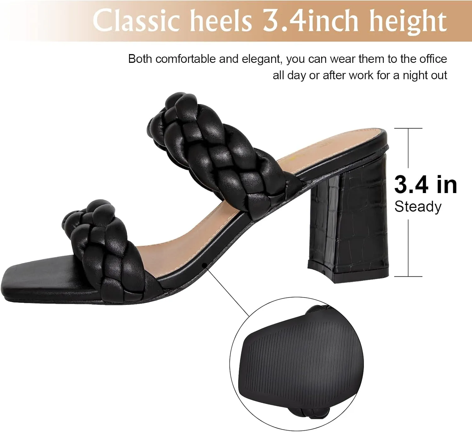 Athlefit Women's Braided Heeled Sandals Strappy Square Open Toe Heels Backless Mules Slip On Block Heels