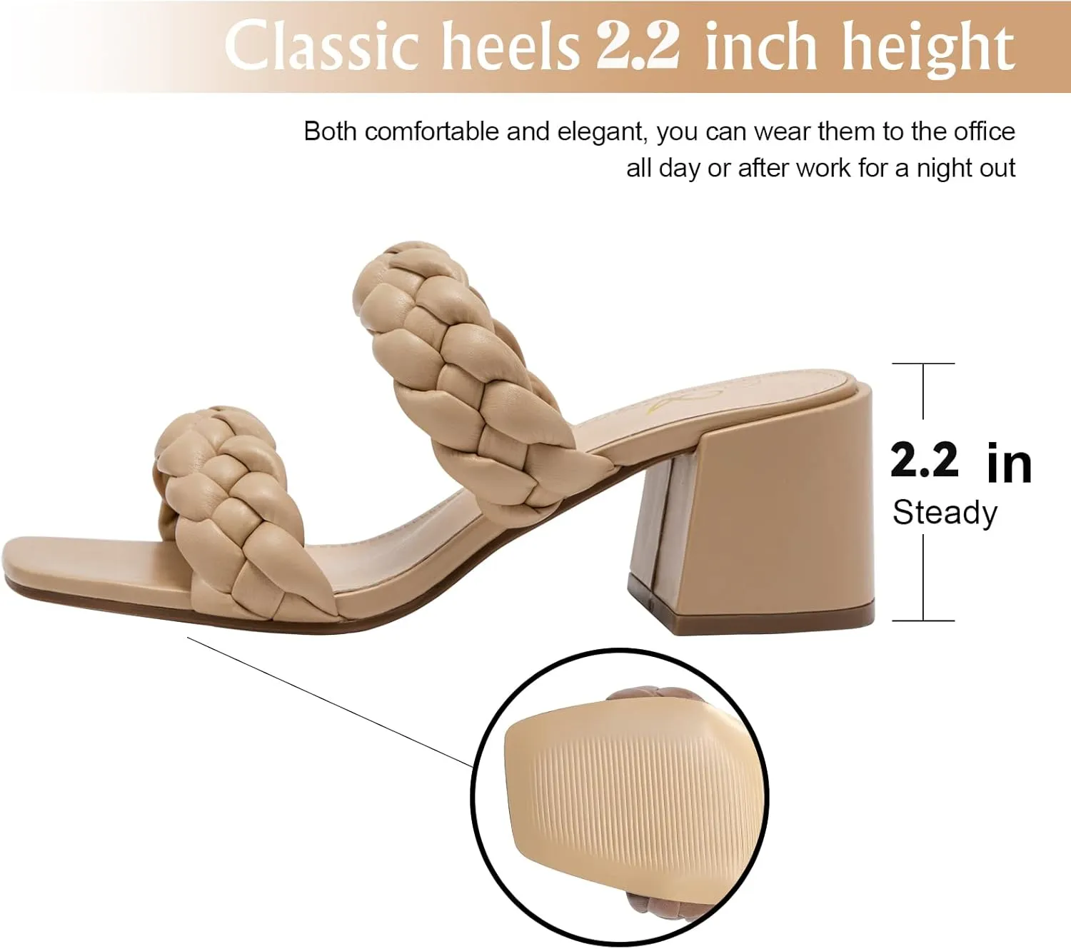 Athlefit Women's Braided Heeled Sandals Strappy Square Open Toe Heels Backless Mules Slip On Block Heels