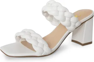 Athlefit Women's Braided Heeled Sandals Strappy Square Open Toe Heels Backless Mules Slip On Block Heels