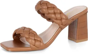 Athlefit Women's Braided Heeled Sandals Strappy Square Open Toe Heels Backless Mules Slip On Block Heels