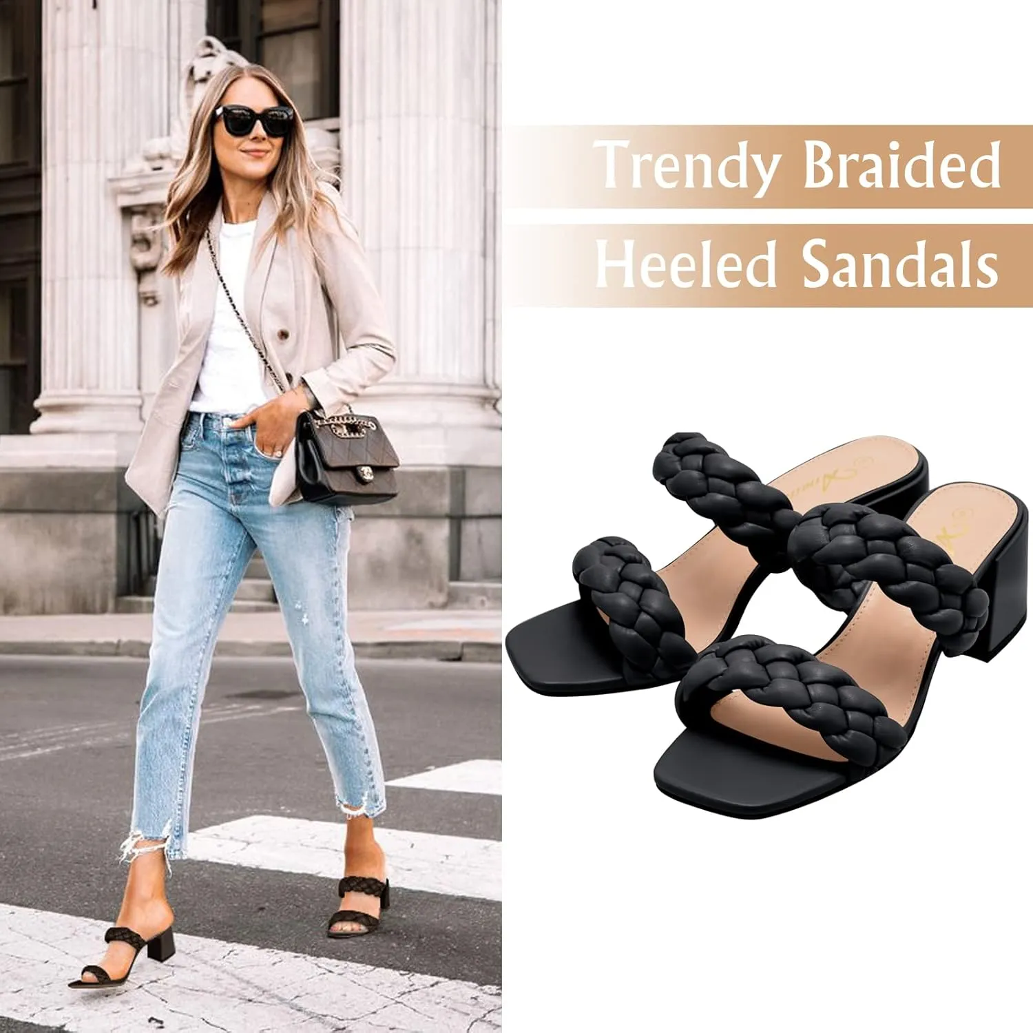 Athlefit Women's Braided Heeled Sandals Strappy Square Open Toe Heels Backless Mules Slip On Block Heels