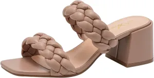 Athlefit Women's Braided Heeled Sandals Strappy Square Open Toe Heels Backless Mules Slip On Block Heels