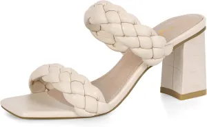 Athlefit Women's Braided Heeled Sandals Strappy Square Open Toe Heels Backless Mules Slip On Block Heels