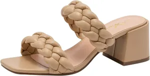 Athlefit Women's Braided Heeled Sandals Strappy Square Open Toe Heels Backless Mules Slip On Block Heels