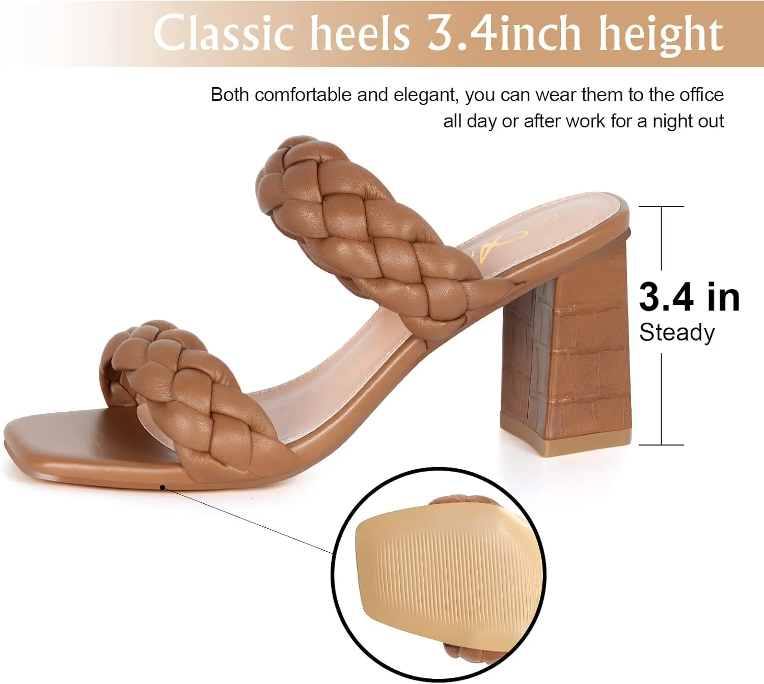 Athlefit Women's Braided Heeled Sandals Strappy Square Open Toe Heels Backless Mules Slip On Block Heels