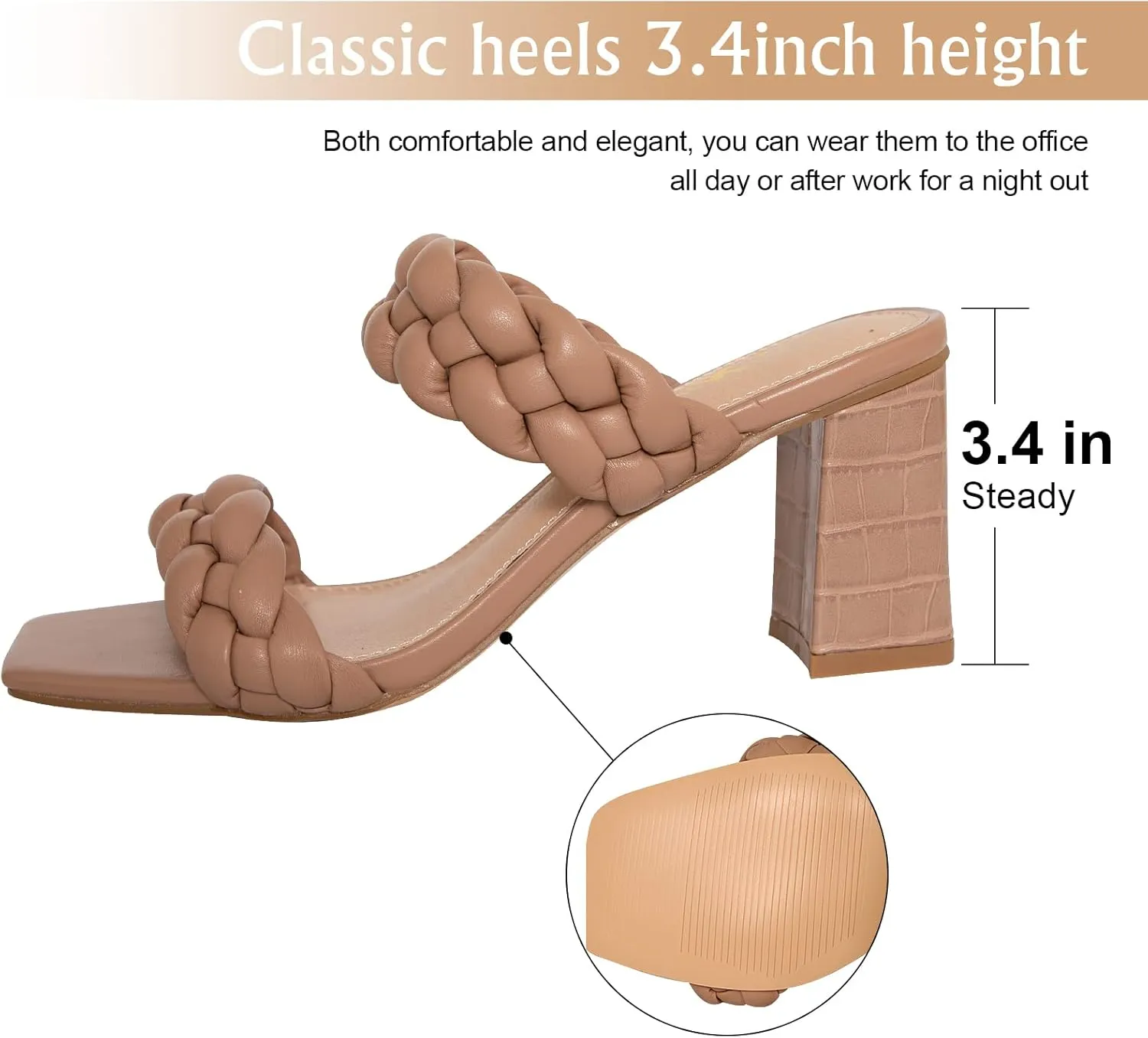 Athlefit Women's Braided Heeled Sandals Strappy Square Open Toe Heels Backless Mules Slip On Block Heels