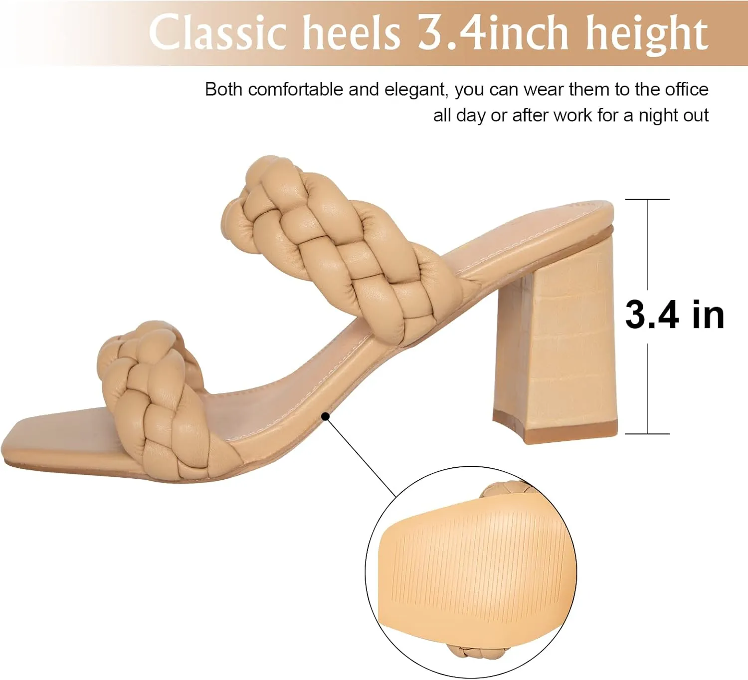 Athlefit Women's Braided Heeled Sandals Strappy Square Open Toe Heels Backless Mules Slip On Block Heels