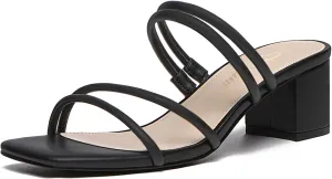 Athlefit Women's Strappy Block Chunky Heels Fashion Square Open Toe Slip On Heeled Sandals