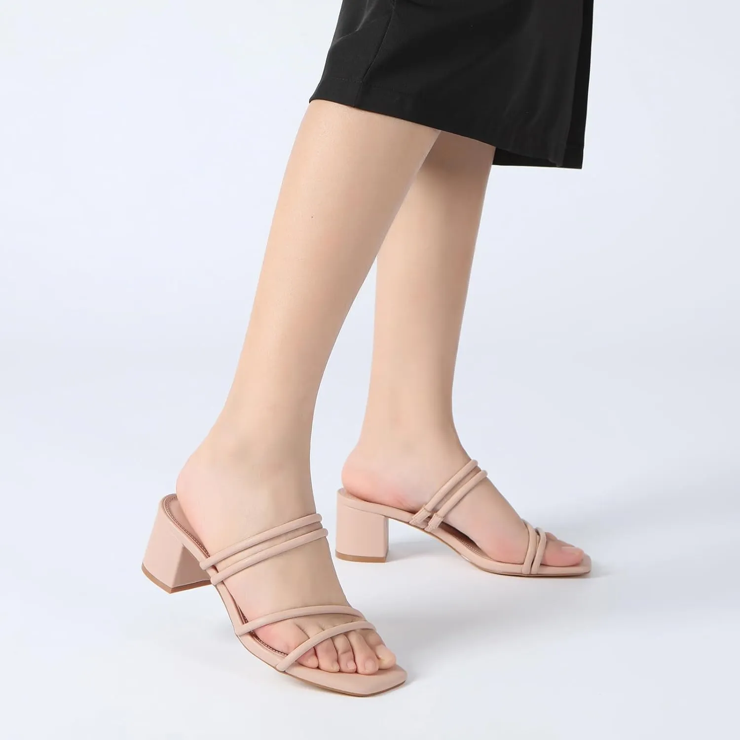 Athlefit Women's Strappy Block Chunky Heels Fashion Square Open Toe Slip On Heeled Sandals