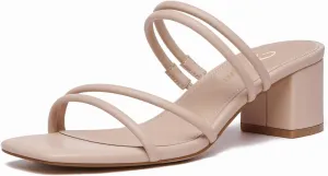 Athlefit Women's Strappy Block Chunky Heels Fashion Square Open Toe Slip On Heeled Sandals