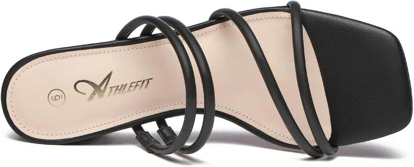 Athlefit Women's Strappy Block Chunky Heels Fashion Square Open Toe Slip On Heeled Sandals