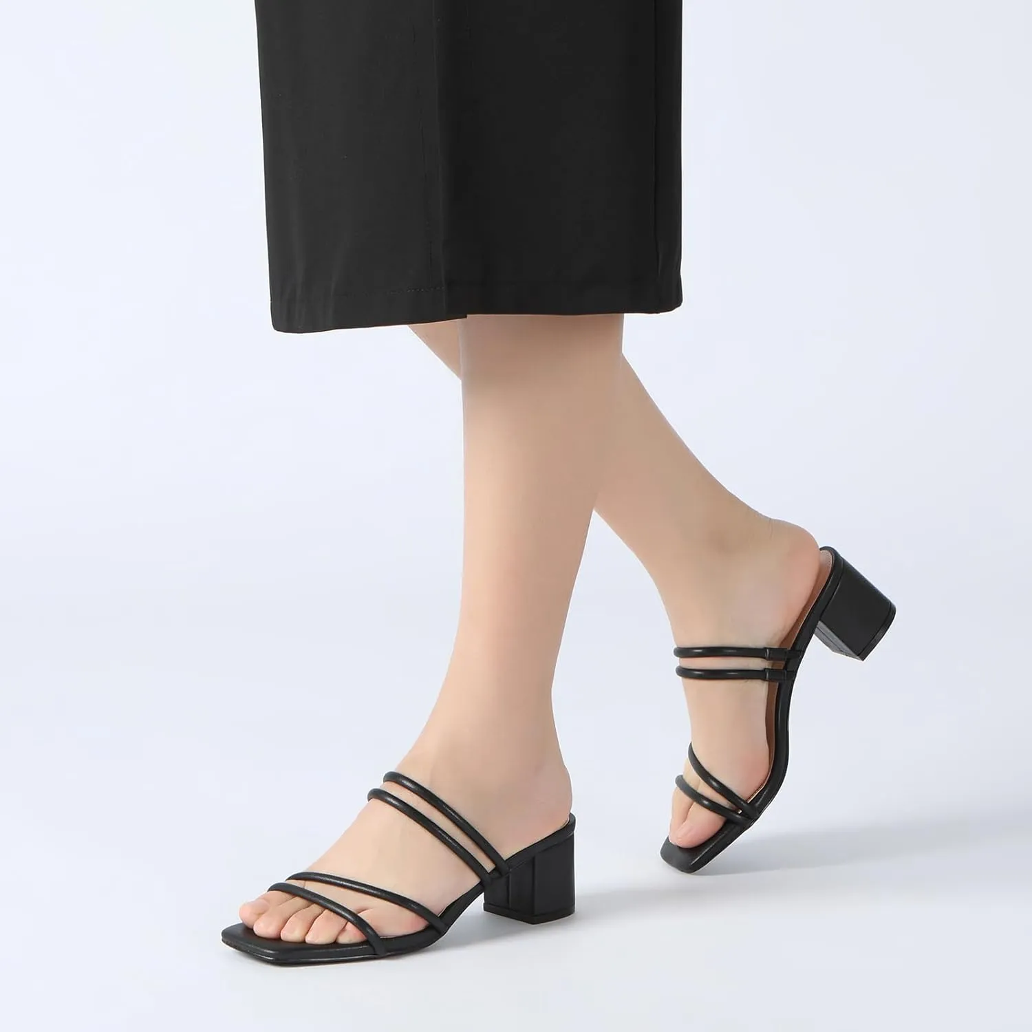 Athlefit Women's Strappy Block Chunky Heels Fashion Square Open Toe Slip On Heeled Sandals
