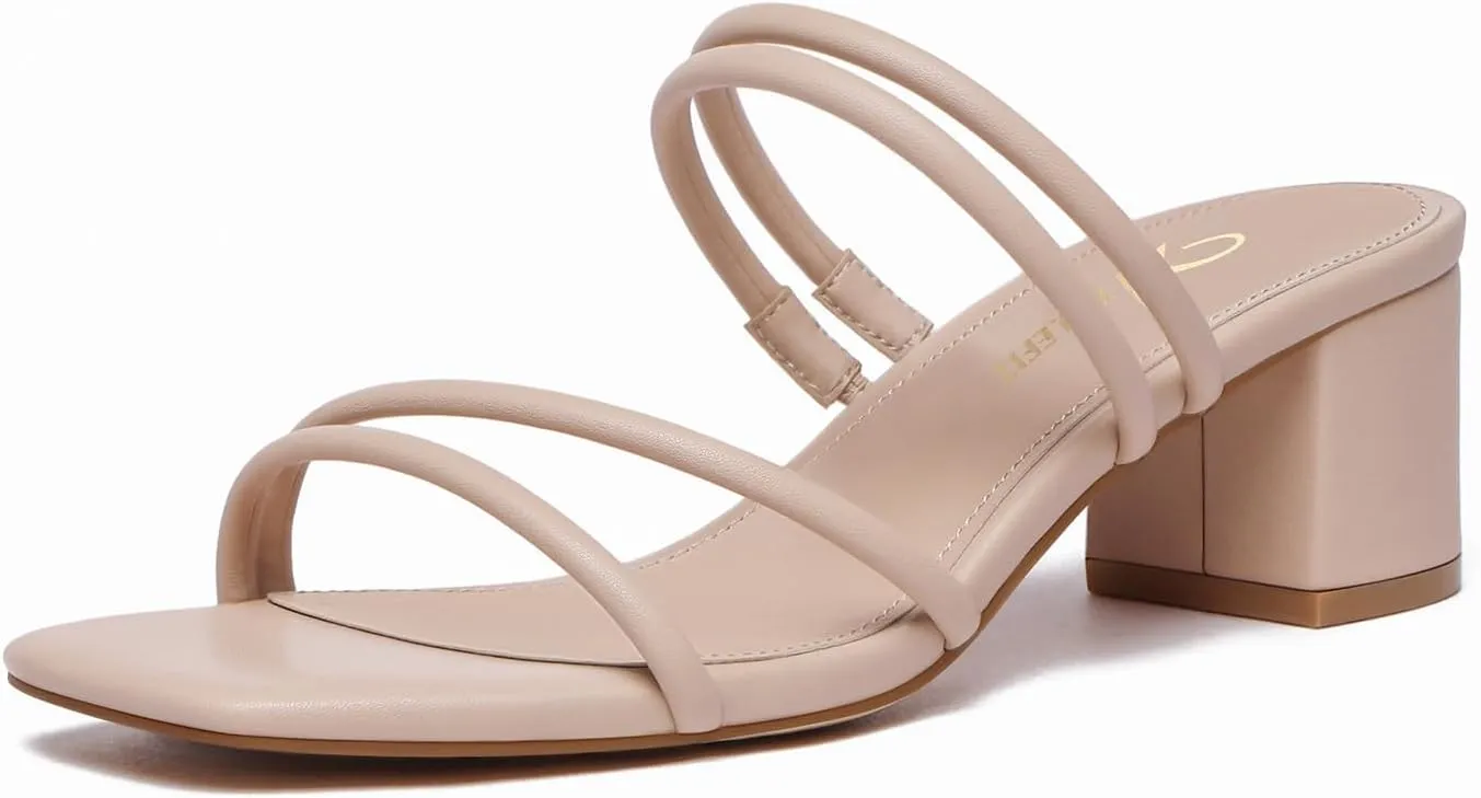Athlefit Women's Strappy Block Chunky Heels Fashion Square Open Toe Slip On Heeled Sandals