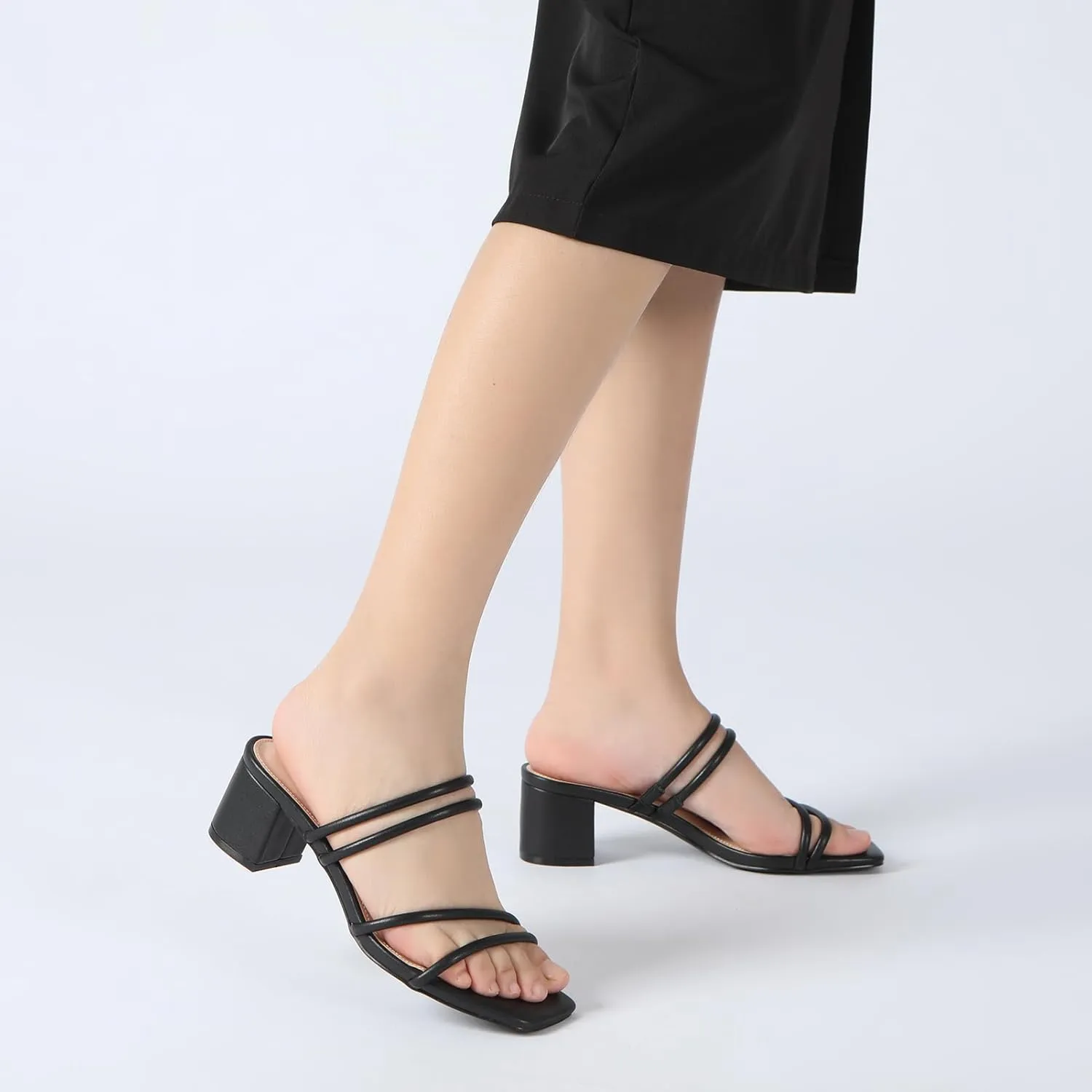 Athlefit Women's Strappy Block Chunky Heels Fashion Square Open Toe Slip On Heeled Sandals