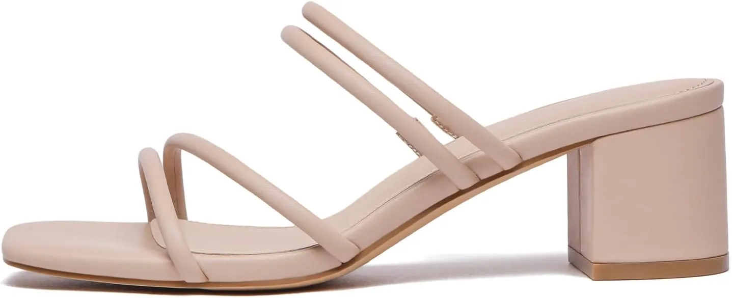Athlefit Women's Strappy Block Chunky Heels Fashion Square Open Toe Slip On Heeled Sandals