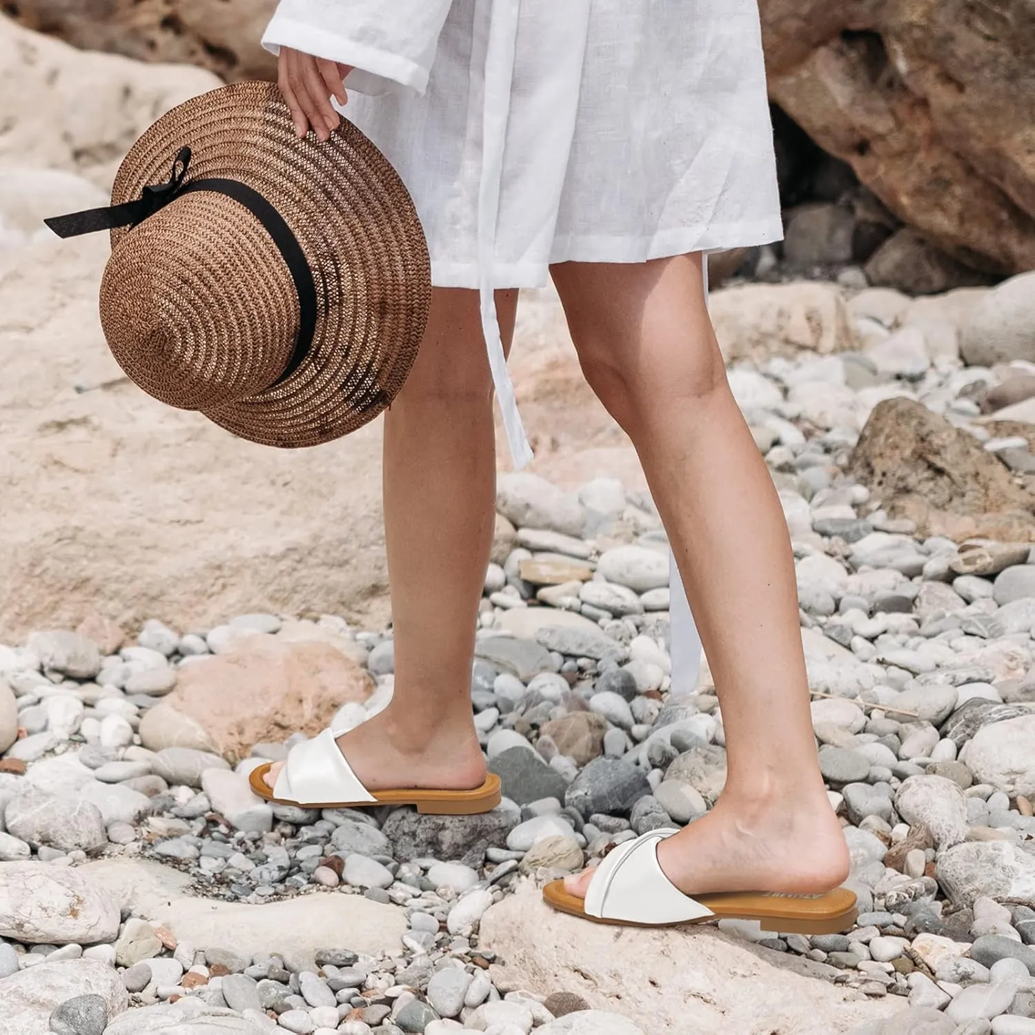 ATHMILE Sandals Women Dressy Summer Flat Comfortable Fashion Beach Cute Ladies Slides Leather Casual Dress Women's Sandals 2025 Size 6-11