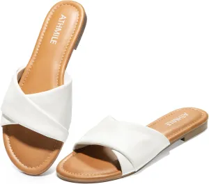 ATHMILE Sandals Women Dressy Summer Flat Comfortable Fashion Beach Cute Ladies Slides Leather Casual Dress Women's Sandals 2025 Size 6-11