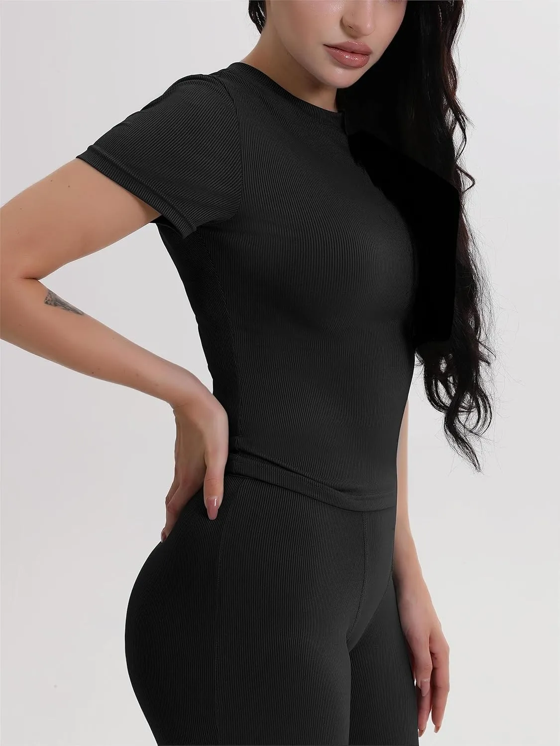 AYWA Two Piece Outfits for Women Fitted Crew Neck T-shirt High Waist Leggings Biker Shorts Matching Sets Streetwear