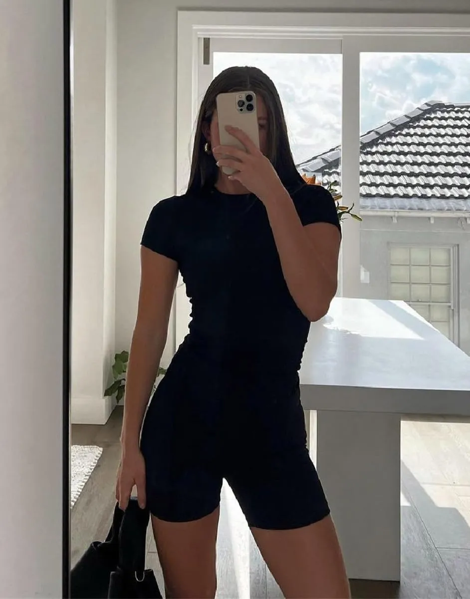 AYWA Two Piece Outfits for Women Fitted Crew Neck T-shirt High Waist Leggings Biker Shorts Matching Sets Streetwear