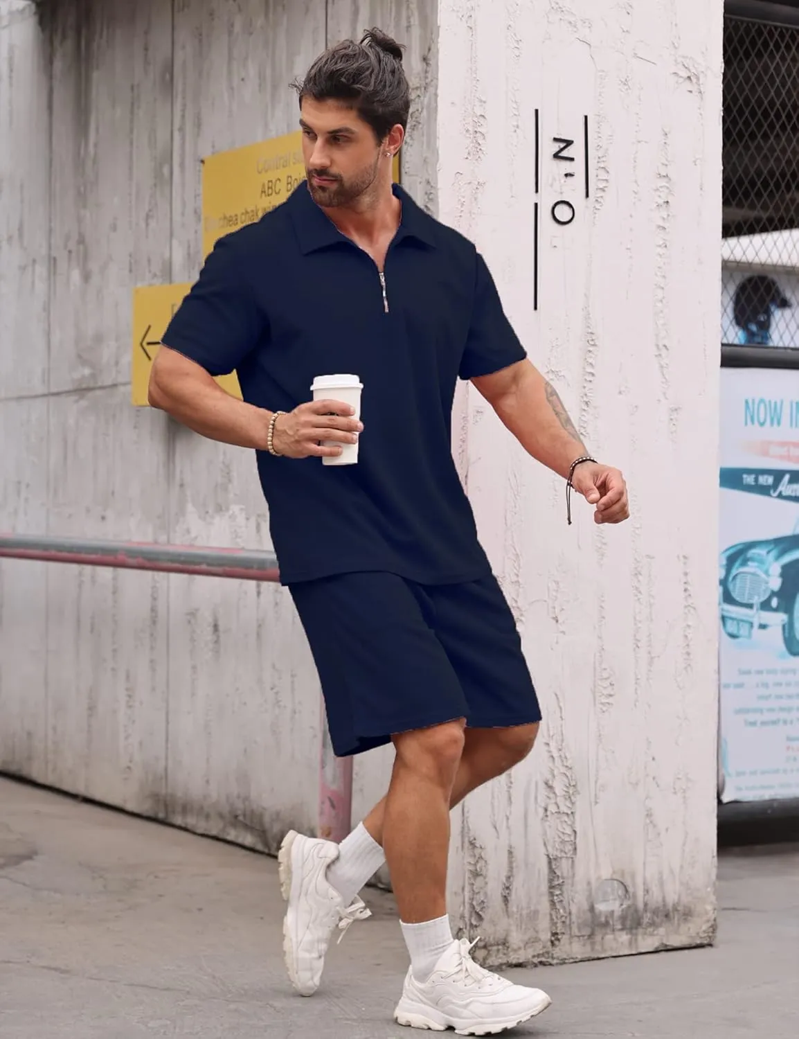 Babioboa Men's Short Sleeve Polo Shirt & Shorts set Summer Two Piece Outfits 3 Pockets zip Tracksuit Casual Athletic Sports