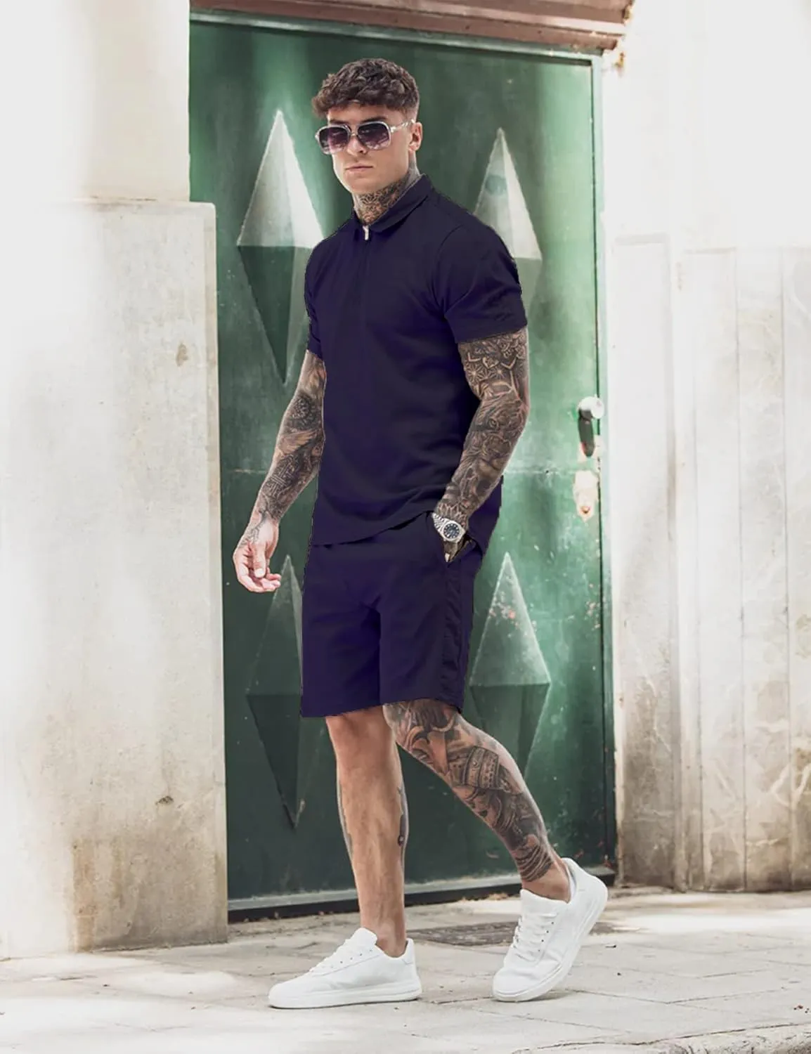 Babioboa Men's Short Sleeve Polo Shirt & Shorts set Summer Two Piece Outfits 3 Pockets zip Tracksuit Casual Athletic Sports