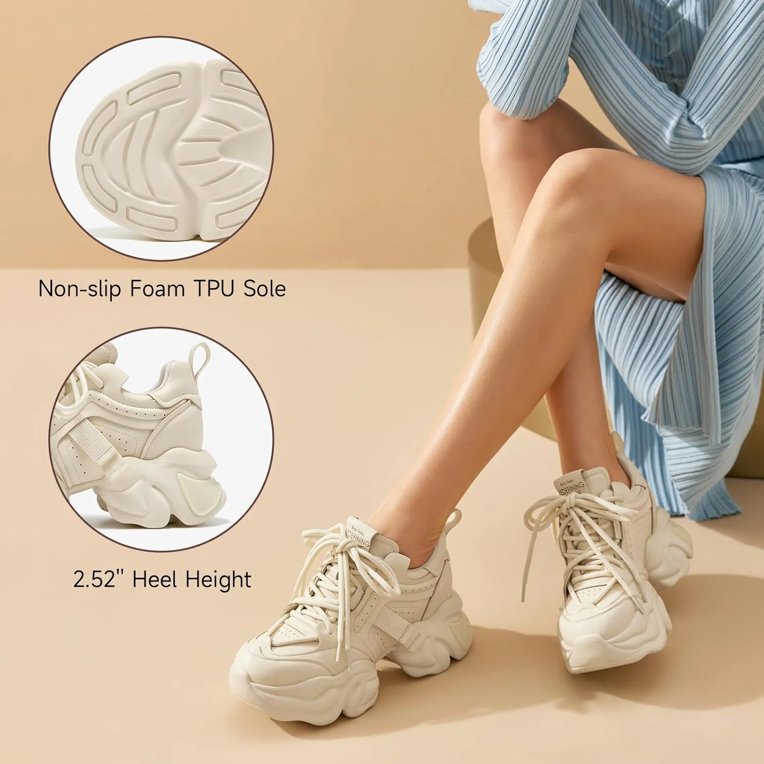 BEAU TODAY Chunky Sneakers for Women, Womens Fashion Sneakers, Leather Sneakers Women Comfortable Casual Lace-Up Chunky Platform Dad Shoes