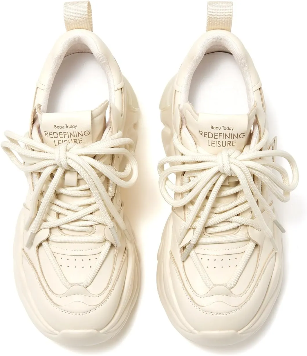 BEAU TODAY Chunky Sneakers for Women, Womens Fashion Sneakers, Leather Sneakers Women Comfortable Casual Lace-Up Chunky Platform Dad Shoes