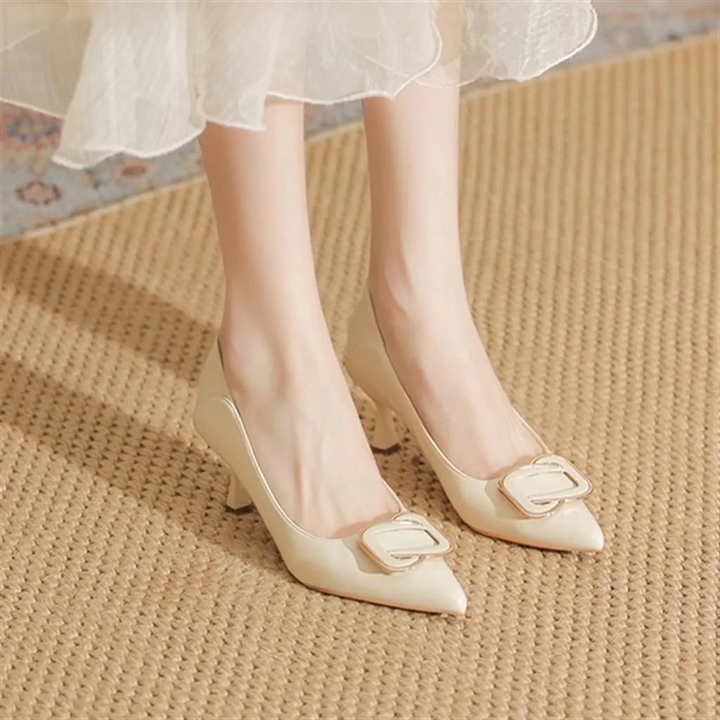 Beige Square Buckle Professional Commuter High Heels Female Pointed Single Shoes 6cm