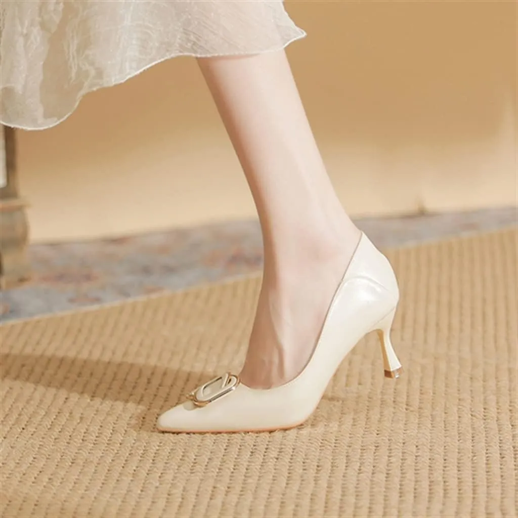 Beige Square Buckle Professional Commuter High Heels Female Pointed Single Shoes 6cm