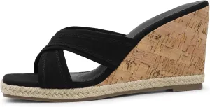 Bigwow Women's Wedge Heels Square Open Toe Platform Wedges Sandal Dressy Sandals Casual Slip-On Summer Beach Shoes (Black, US8)