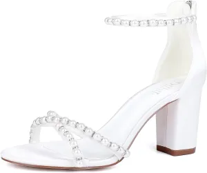 Block Heel Wedding Sandals Bride Wedding Shoes Pearl Heels Bridal Shoes Open Toe Wedding Heels