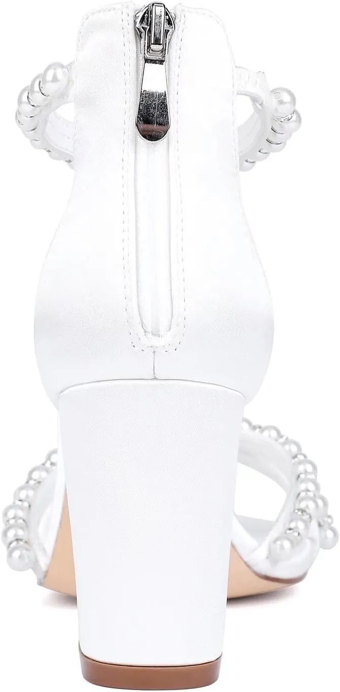 Block Heel Wedding Sandals Bride Wedding Shoes Pearl Heels Bridal Shoes Open Toe Wedding Heels
