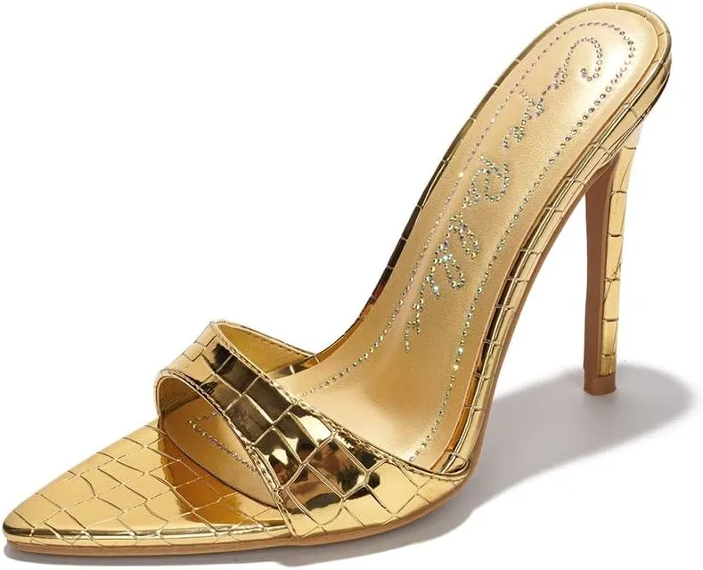 Cape Robbin Women's Holly Faux Crocodile Minimalist High Heeled Mules Pointy Toe Stiletto Heels.