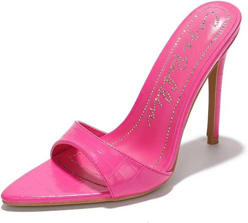 Cape Robbin Women's Holly Faux Crocodile Minimalist High Heeled Mules Pointy Toe Stiletto Heels.