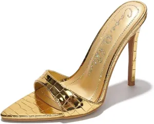 Cape Robbin Women's Holly Faux Crocodile Minimalist High Heeled Mules Pointy Toe Stiletto Heels.