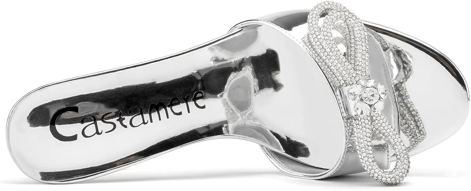 Castamere Round Open Toe Heeled Sandals for Women Rhinestone Double Bowknots Mid Kitten Heels Slip-on Dress Wedding Dating Heeled Mules 2.6 Inches Heels