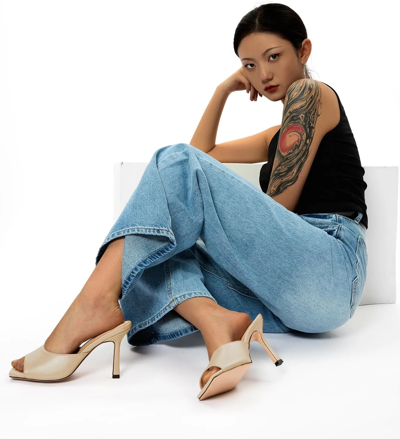 Castamere Square Open Toe Heeled Sandals for Women High Stiletto Heels Slip-on Mules Dress Comfortable Casual Summer Shoes 3.5 Inches Heels