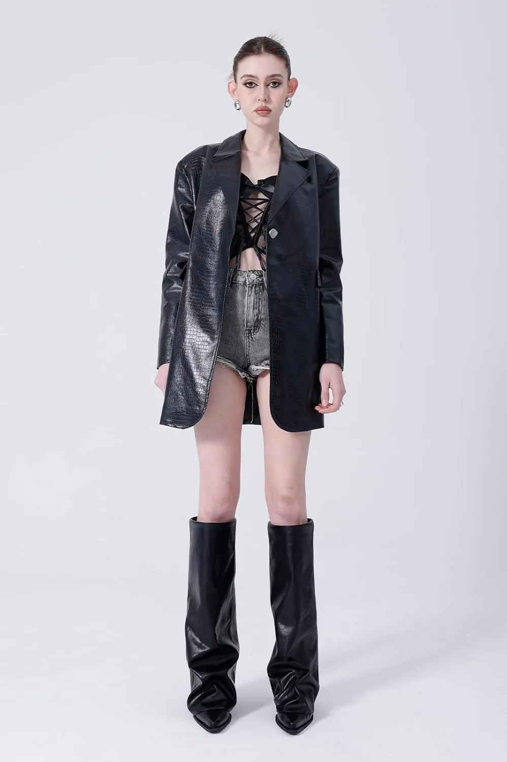 Chunky Knee High Fold Over Boots for Women with Zipper Pointed Toe