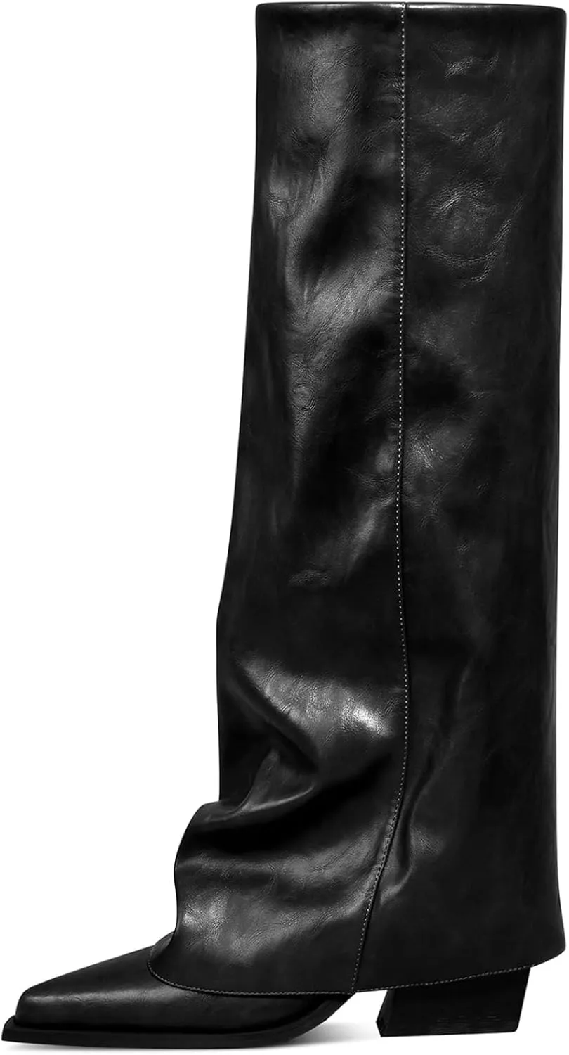 Chunky Knee High Fold Over Boots for Women with Zipper Pointed Toe