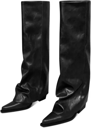 Chunky Knee High Fold Over Boots for Women with Zipper Pointed Toe