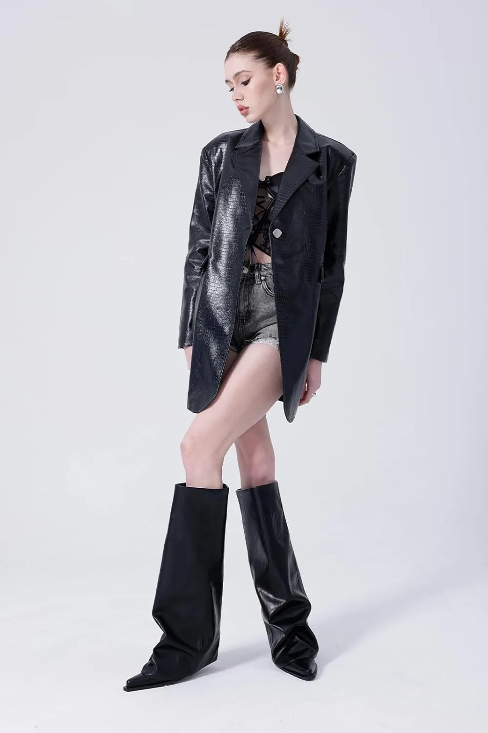 Chunky Knee High Fold Over Boots for Women with Zipper Pointed Toe