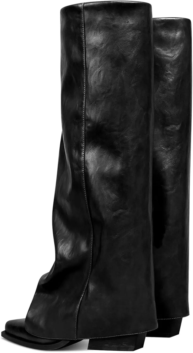 Chunky Knee High Fold Over Boots for Women with Zipper Pointed Toe