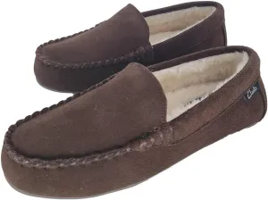Clarks Women's Venetian Moccasin Slippers, LB0285 Suede IndoorOutdoor Close Back SlipOns with Faux Fur Lining & Gripped TPR Outsole Ladies Cozy Loafers for Driving Lounging & More, Dk. Brown,