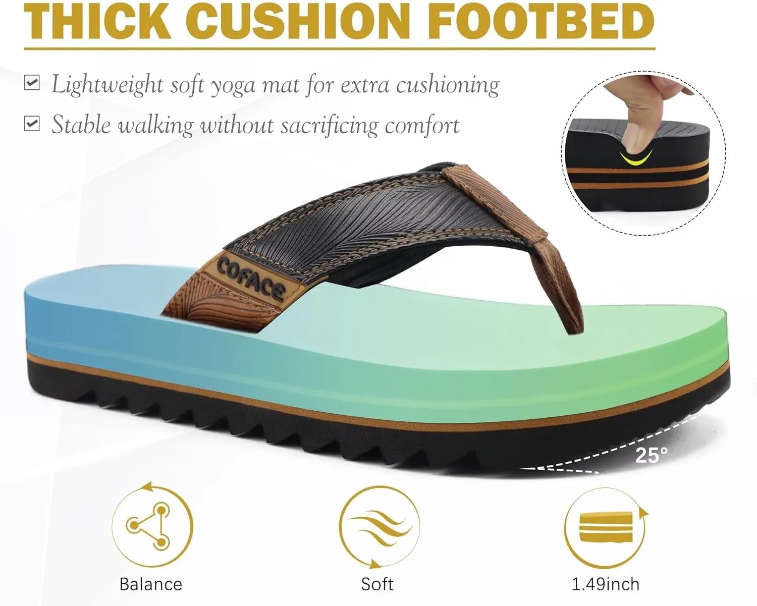 COFACE Mens Arch Support Flip Flops Yoga Mat Comfortable Thick Cushion Recovery Walking Thong Sandals Lightweight Slip On Summer Beach Slippers