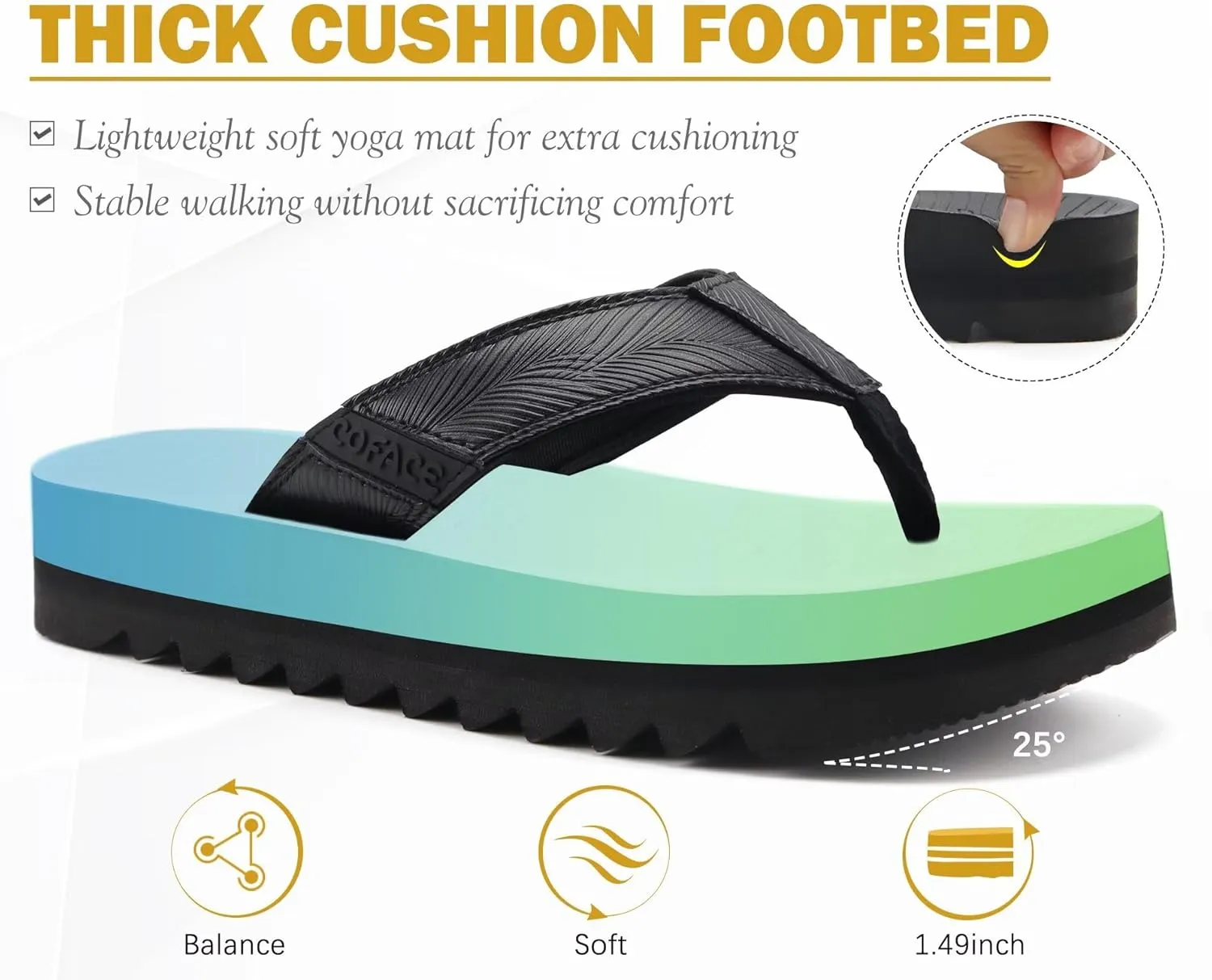 COFACE Mens Arch Support Flip Flops Yoga Mat Comfortable Thick Cushion Recovery Walking Thong Sandals Lightweight Slip On Summer Beach Slippers